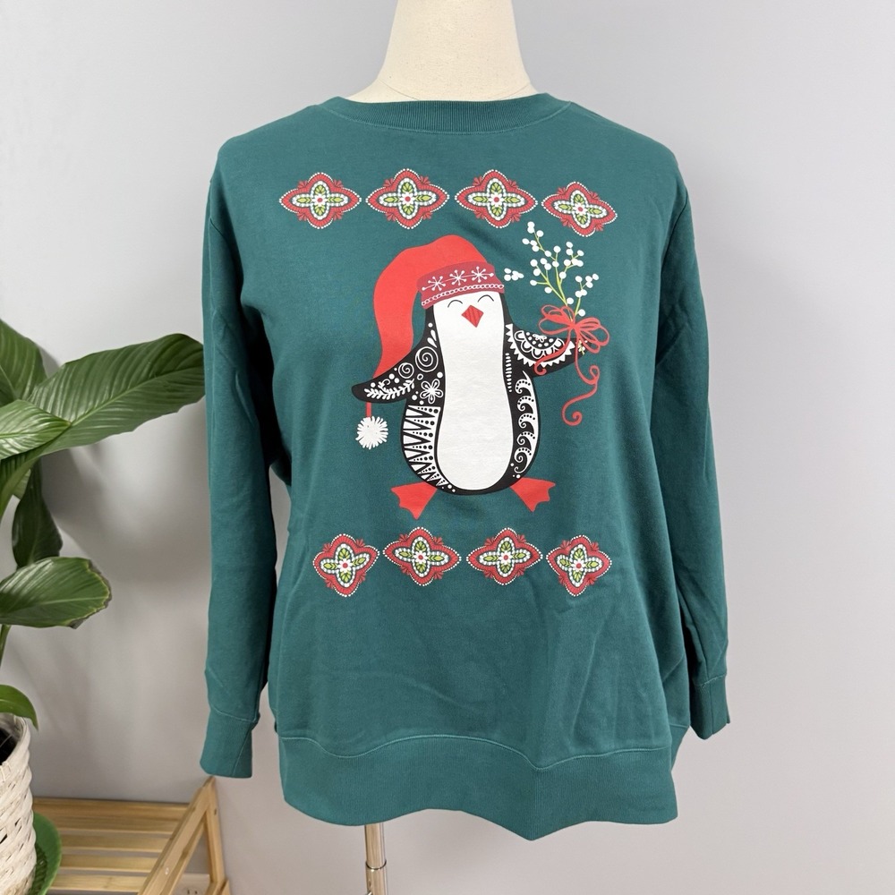 NWOT Woman Within Holiday Penguin Sweatshirt 3X 30/32W Nordic Scandi Rosemaling